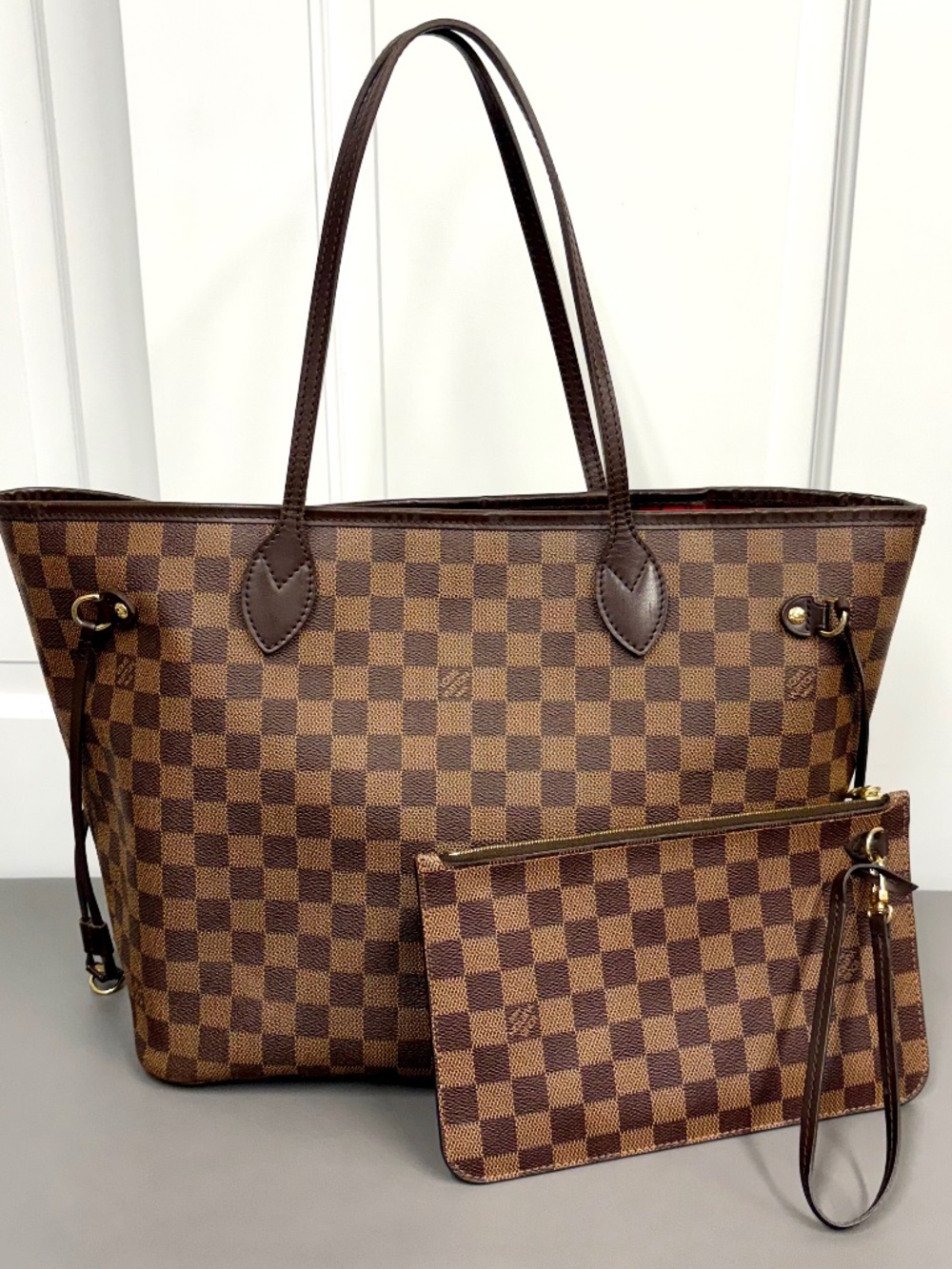 Louis Vuitton Damier Ebene Neverfull MM Tote Bag With Pouch